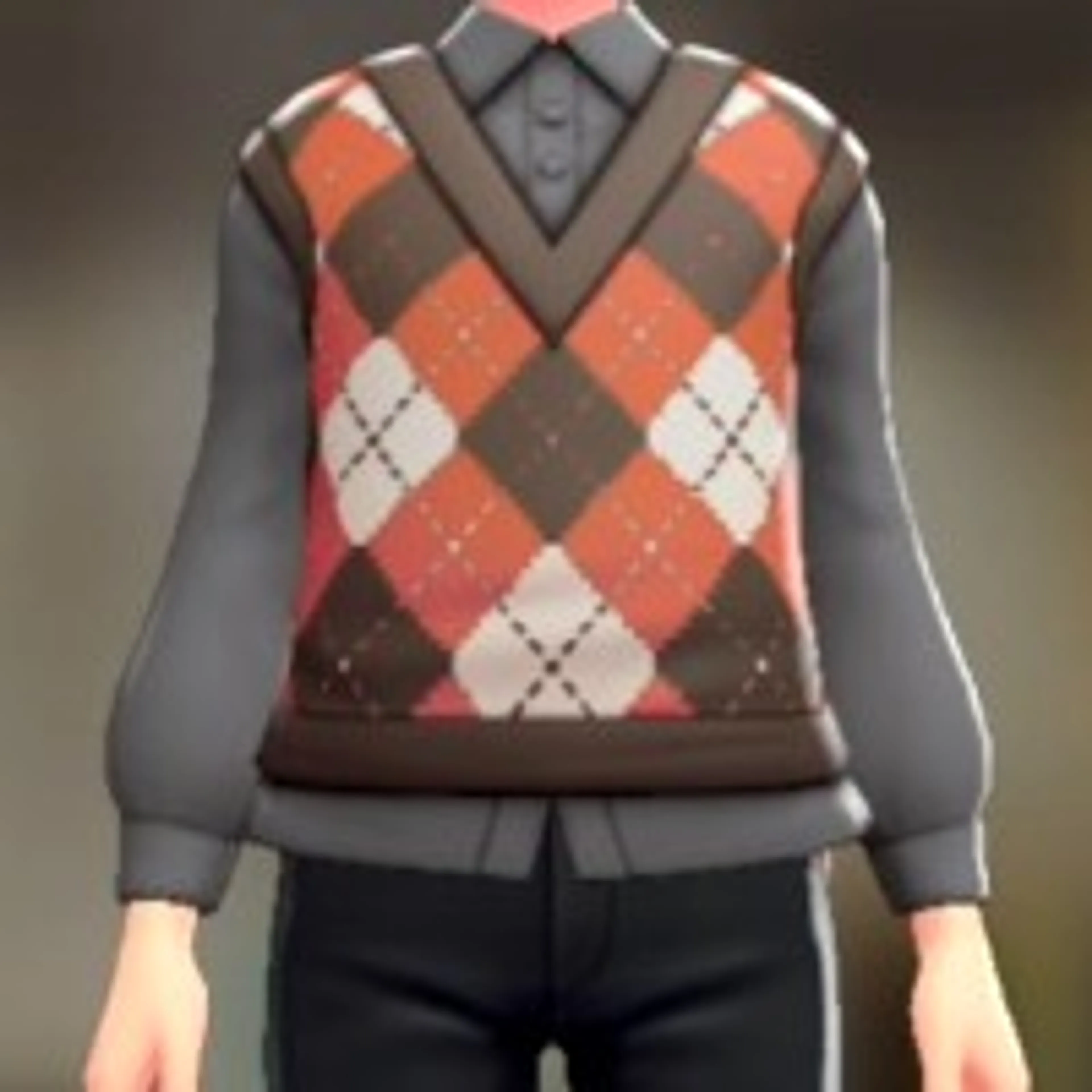 ニットベスト&ブラウスセット - アーガイルオレンジ グレー