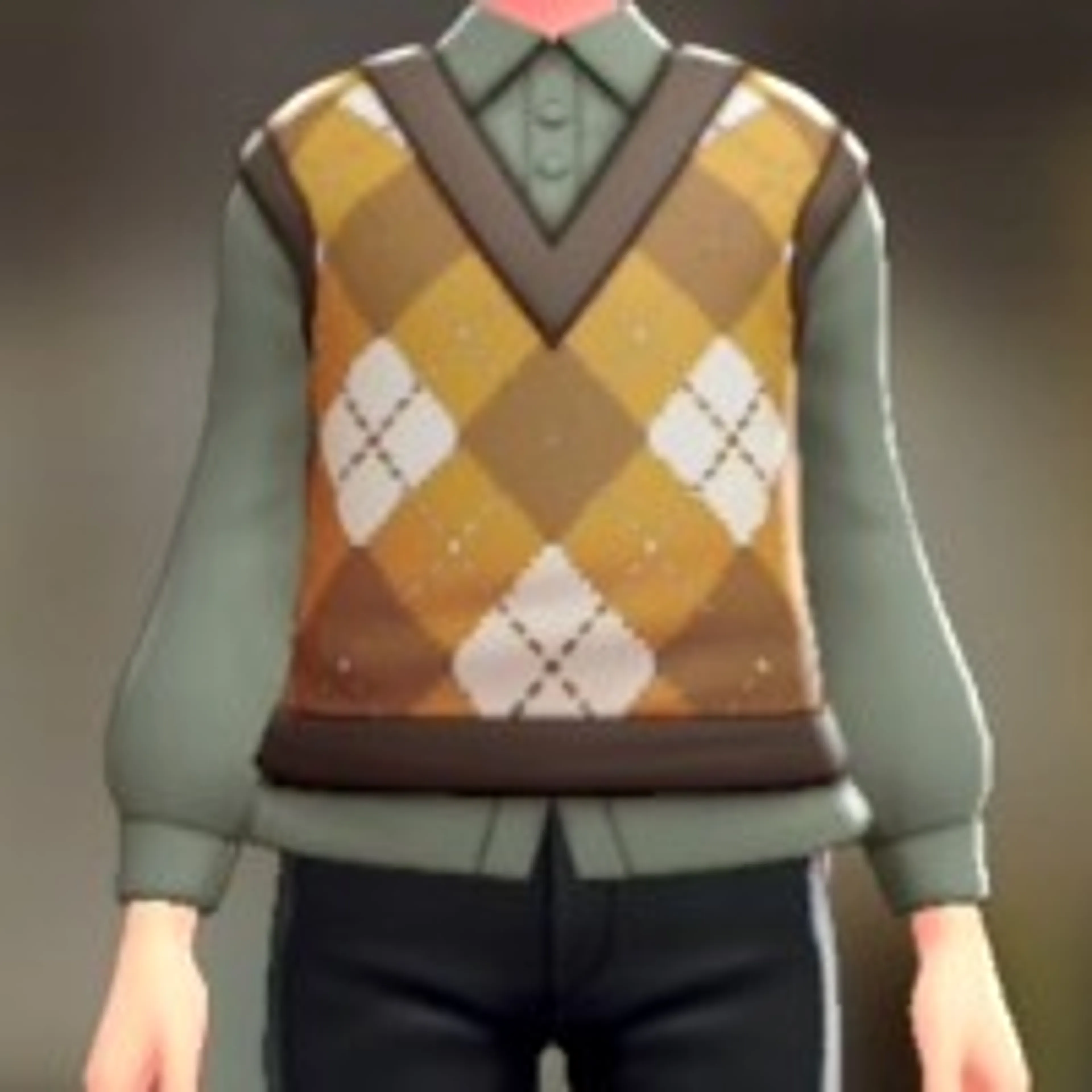 ニットベスト&ブラウスセット - アーガイルイエロー モスグレー