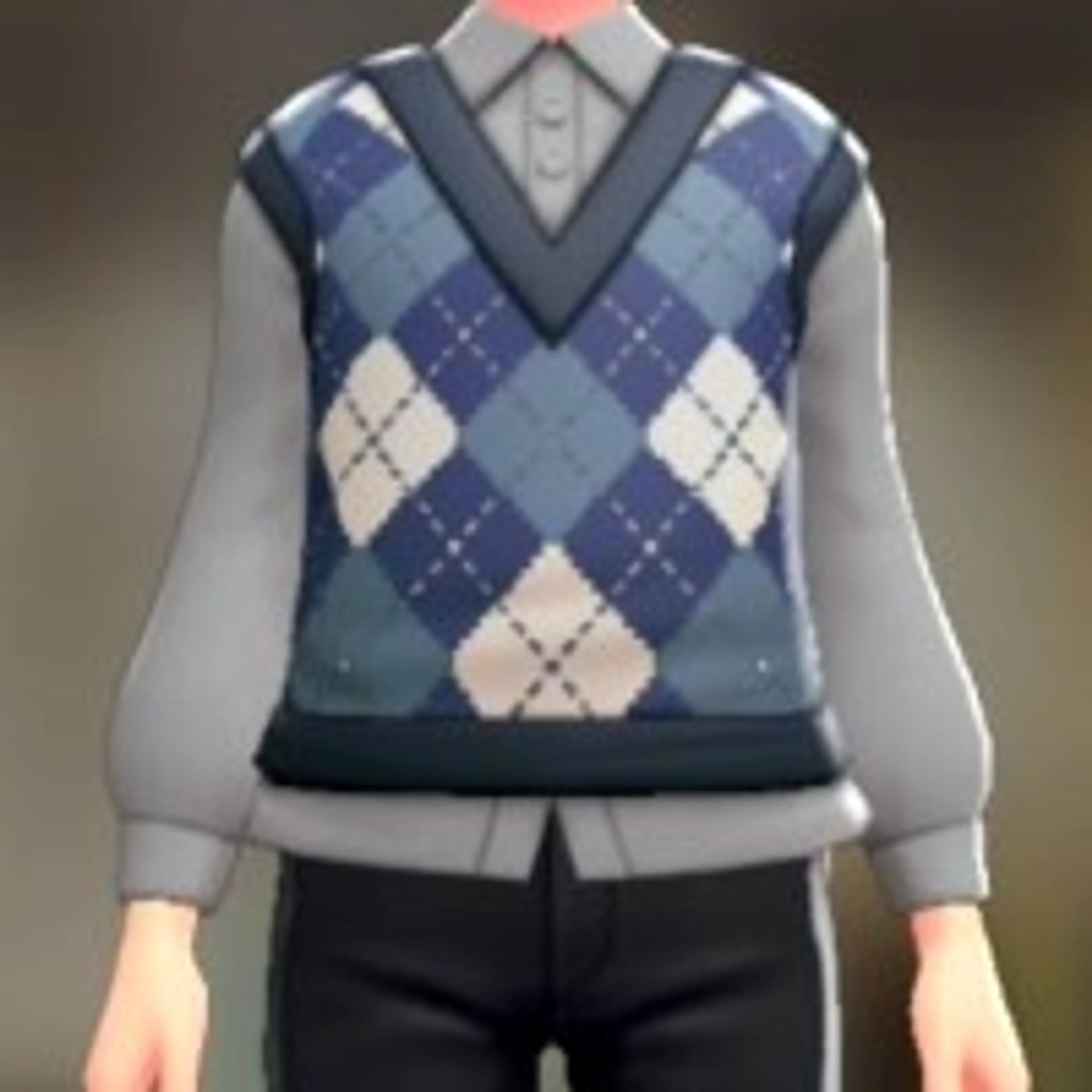 ニットベスト&ブラウスセット - アーガイルブルー ライトグレー