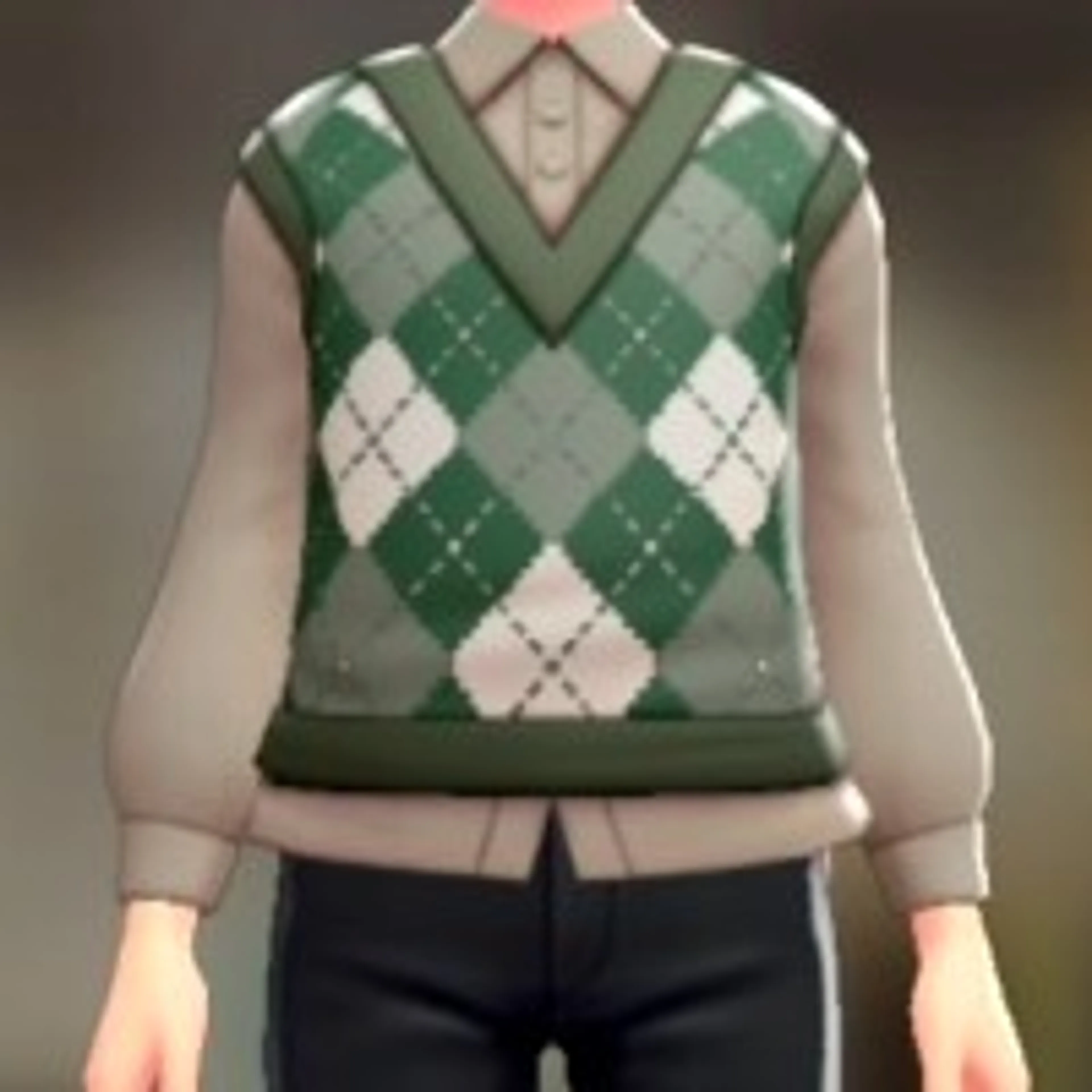 ニットベスト&ブラウスセット - アーガイルグリーン ベージュ