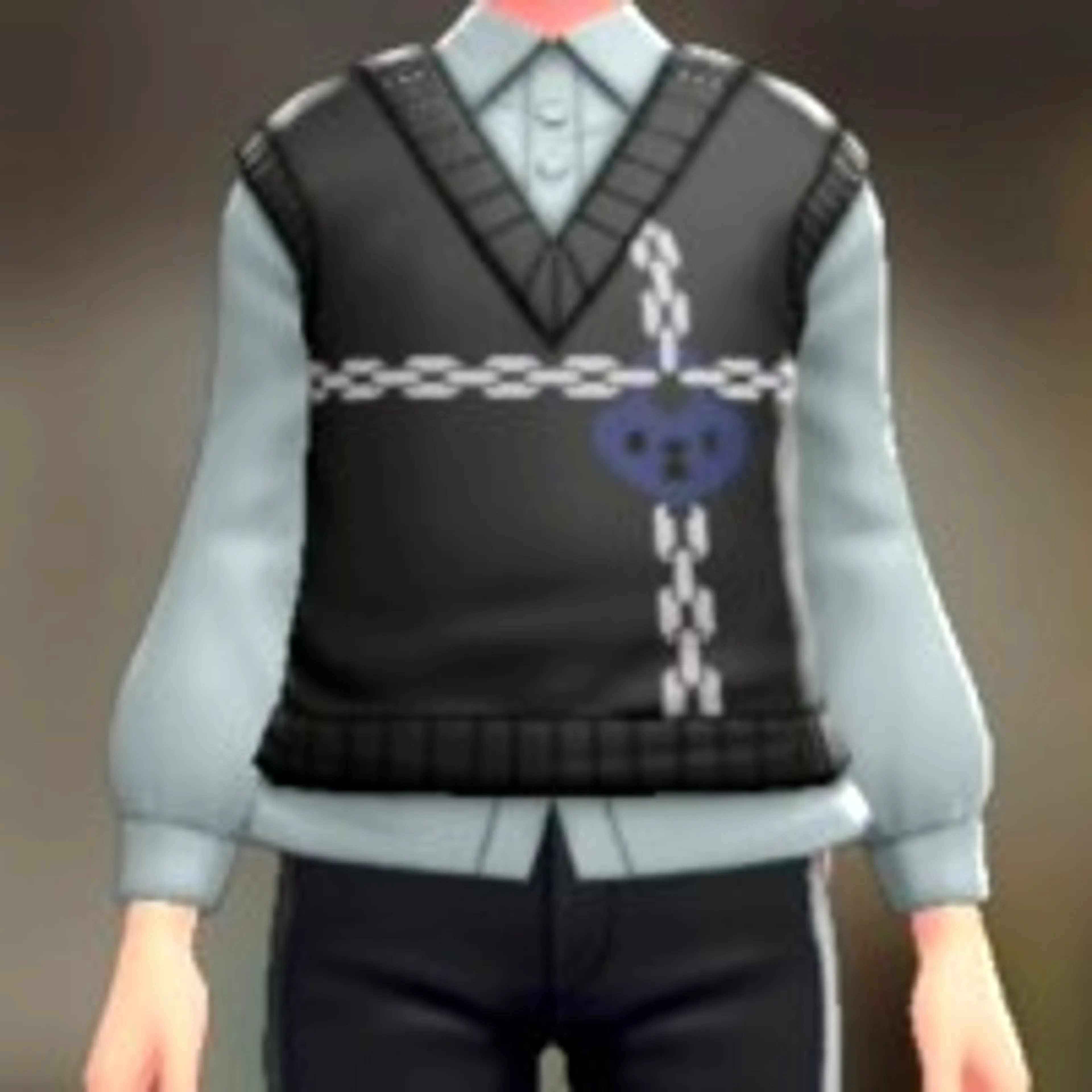 ニットベスト&ブラウスセット - ブラック×ブルー ペールブルー