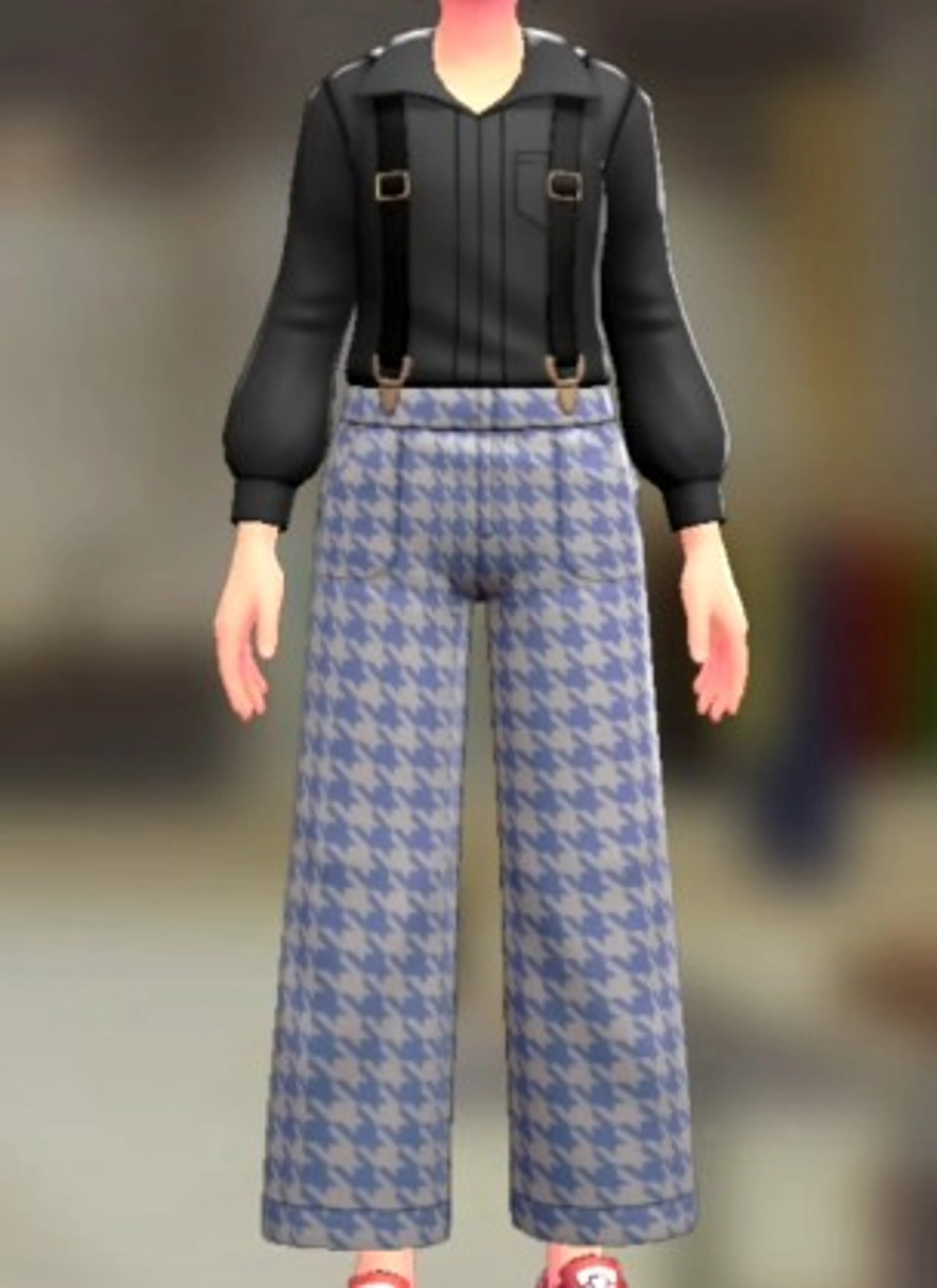 サスペンダーパンツセット - ちどりがらブルー ランプブラック